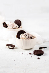 Vanilla ice cream with chocolate cookies on light background