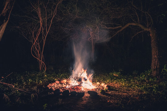Flames of a campfire at night in a dark spooky forest surrounded by stones shaping strong shadows