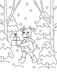 Cute kids coloring book with a bull in a coat and scarf. The animal goes through the forest and carries gifts. 