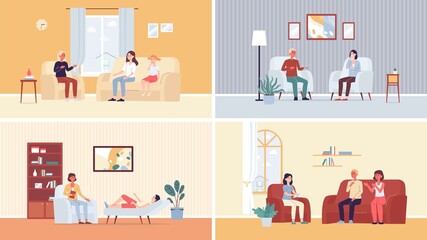 Set of psychologist reception scenes with characters, flat vector illustration.