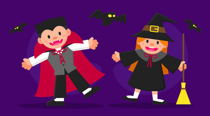 little cute cartoon Dracula kid and witch with broomstick. Young boy smiling with a vampire costume and girl with a witch costume. Vector flat graphic illustration for Halloween celebration festival.