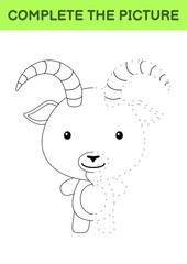Complete the picture of cute goat. Coloring book. Copy picture. Handwriting practice, drawing skills training. Education developing printable worksheet. Activity page. Cartoon vector illustration.