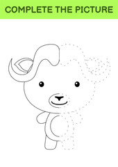 Complete the picture of cute musk ox. Coloring book. Copy picture. Handwriting practice, drawing skills training. Education developing printable worksheet. Activity page. Cartoon vector illustration.