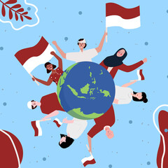 Multi ethnic people smile hold red white flag background of archipelago earth celebrate Indonesian independence day concept with flat cartoon style.