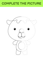 Obraz na płótnie Canvas Complete the picture of cute camel. Coloring book. Copy picture. Handwriting practice, drawing skills training. Education developing printable worksheet. Activity page. Cartoon vector illustration.