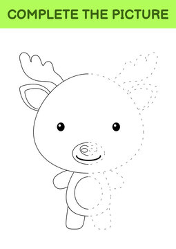 Complete the picture of cute moose. Coloring book. Copy picture. Handwriting practice, drawing skills training. Education developing printable worksheet. Activity page. Cartoon vector illustration.
