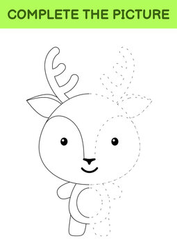 Complete the picture of cute deer. Coloring book. Copy picture. Handwriting practice, drawing skills training. Education developing printable worksheet. Activity page. Cartoon vector illustration.
