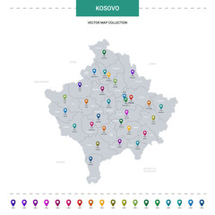 Kosovo map with location pointer marks. Infographic vector template, isolated on white background.