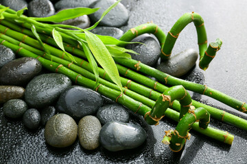 Obraz na płótnie Canvas Spa stones and bamboo on dark background. Zen concept