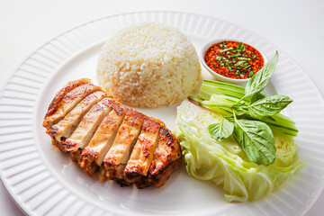 Grilled chicken rice with fresh vegetables in white ceramic plate on the table in the restaurant. Hainanese chicken rice popular traditional Thai style food. Healthy diet menu for lunch. 