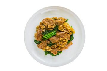 Above view of Stir-fried flat noodle and pork with dark soy sauce in plate isolated on white background. Pad See Ew Moo popular Asian traditional style. Thai food. Top view, Top-down
