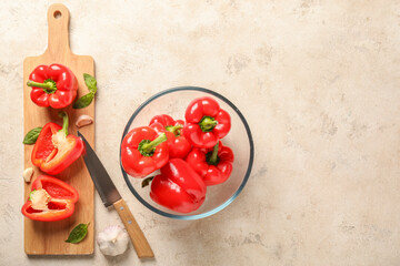 Composition with red bell pepper on light background
