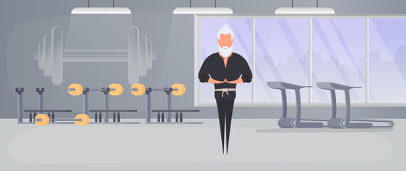 A man in a black kimono meditates. Kung Fu Master. The guy is doing yoga. Vector.