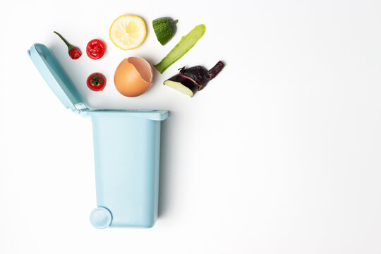 Organic waste and trash can on white background, copy space