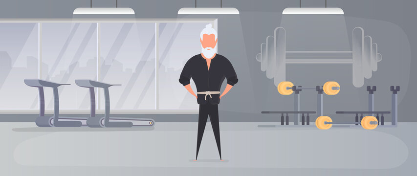 A man in a black kimono meditates. Kung Fu Master. The guy is doing yoga. Vector.