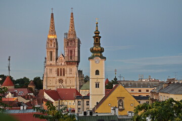 Fototapeta na wymiar Cityscape of Zagreb during blue hour with Cathedral and rooftops