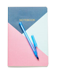 Notebook and pen on white background