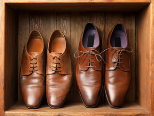 Leather male shoes in wooden box