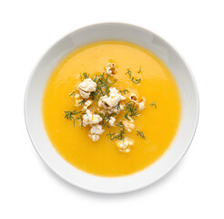 Bowl with tasty popcorn soup on white background