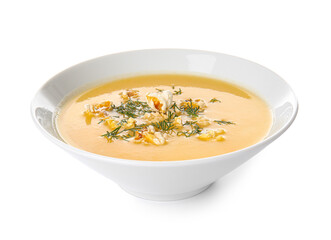 Bowl with tasty popcorn soup on white background