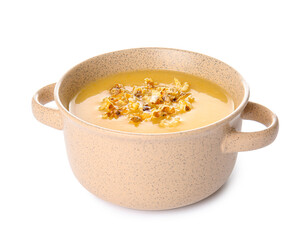 Pot with tasty popcorn soup on white background