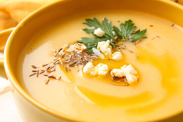 Pot with tasty popcorn soup, closeup