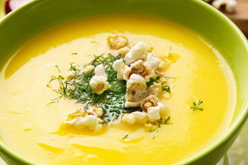 Bowl with tasty popcorn soup, closeup