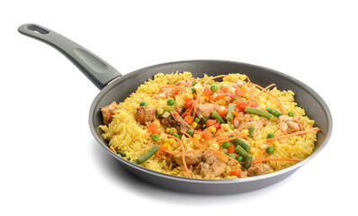 Frying pan with tasty rice on white background
