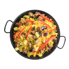 Frying pan with tasty rice on white background