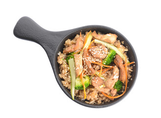 Frying pan with tasty rice on white background
