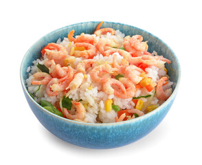 Bowl with tasty fried rice on white background