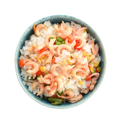 Bowl with tasty fried rice on white background