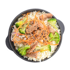 Frying pan with tasty rice on white background