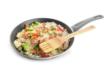Frying pan with tasty rice on white background