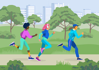 Vector illustration of running girls in a summer Park, square and city. Slender beautiful athletes jogging in the outdoor.