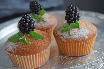 Muffins - delicious pastries. Delicious dessert on the table - homemade muffins. Portioned cupcakes. 