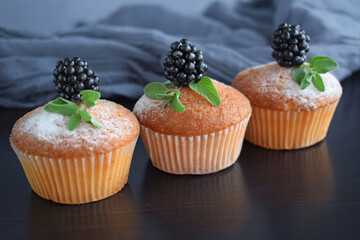 Muffins - delicious pastries. Delicious dessert on the table - homemade muffins. Portioned cupcakes. 