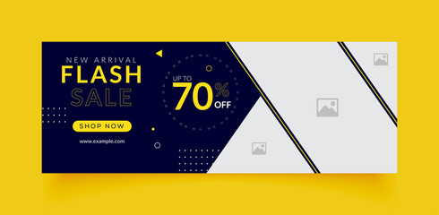 Sale business facebook cover page timeline web ad banner template with photo place modern layout dark blue background and yellow text color design - obrazy, fototapety, plakaty