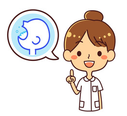 看護師　若い女性　指差し　吹き出し「うがい」　上半身