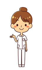 看護師　若い女性　案内　説明　全身