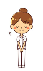 看護師　若い女性　お辞儀　礼　全身