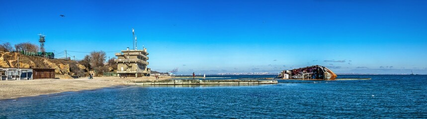Panoramic sea view with grounded tanker in Odessa, Ukraine