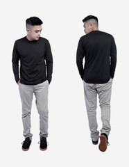 Man wearing black long sleeve t shirt in front and back view isolated on background