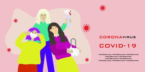 Ways to deal with COVID-19 in a flat style, including wearing face masks, washing hands and using a disinfectant spray, vector graphics, poster