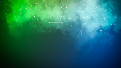 Green abstract particle with smoke background. Mess communication technology network background with moving lines and dots. Tech connection futuristic web concept texture. Stock illustration.