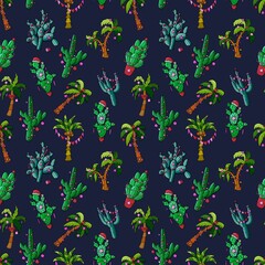 Fototapeta na wymiar New Year's pattern. Palm trees and cacti decorated with garlands and Christmas balls. Design for wallpaper, packaging, fabric, textile, wrapping paper.