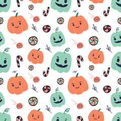 Vector Halloween seamless pattern pumpkin, skull, candies. Decoration wallpaper, wraping paper, digital paper