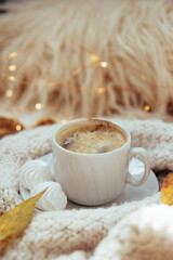  Cup of coffee with meringues, knitted sweater and autumn leaves - autumn concept