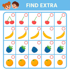 Education logic game for preschool kids. Find extra object in sequence row. Vegetables and fruits. Vector illustration.