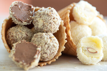 Chocolate candy. Assorted handmade chocolates. High quality photo.